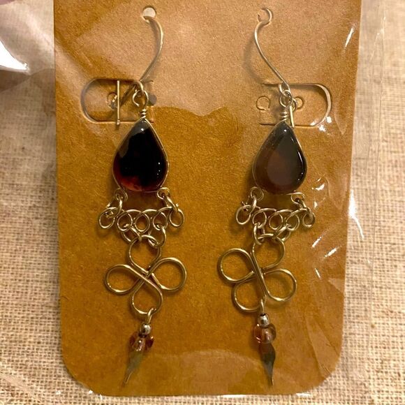 NWT boho wire and glass brown teardrop tribal dangle earrings hook backs - Picture 1 of 6